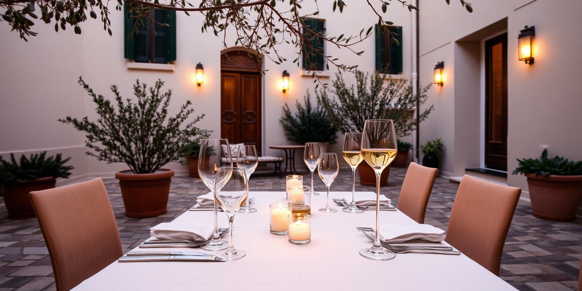 A courtyard dinner table set with candles and wine glasses at golden hour