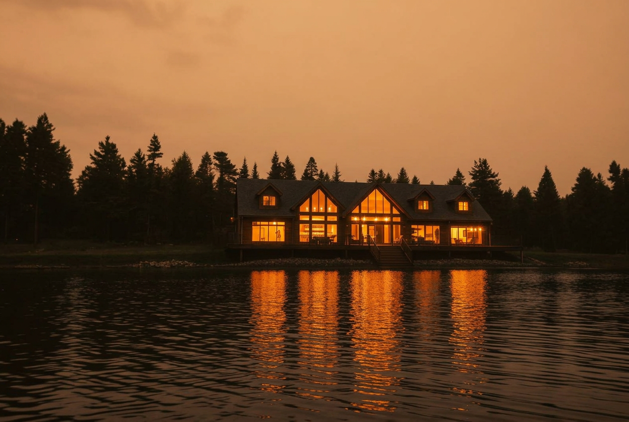 A lakeside resort lodge in the American Midwest at golden hour, windows glowing